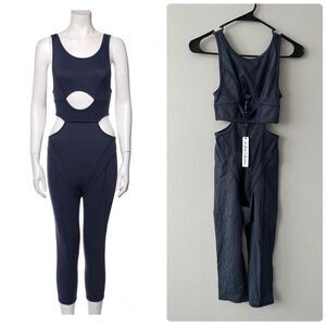 For Love & Lemons Women Blue Ribbed Cut Out One Piece Jumpsuit Activewear Gym
